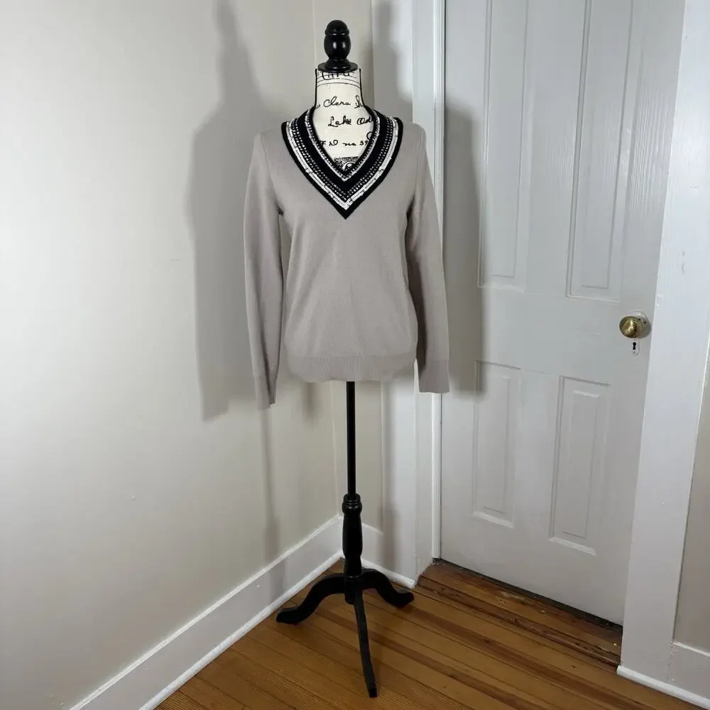 Tory Burch Gray Merino Wool Embellished Sequin V-Neck Sweater Size S/P Preppy
